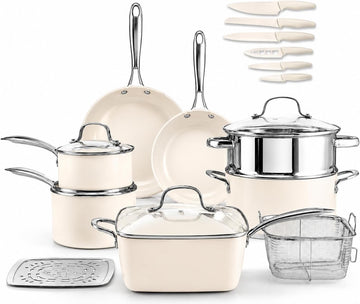 20pcs Pots and Pans Set Non Stick Ceramic Cookware Set with Deep Frying Pan Set & 6pc Knife Set, Made without PFOA