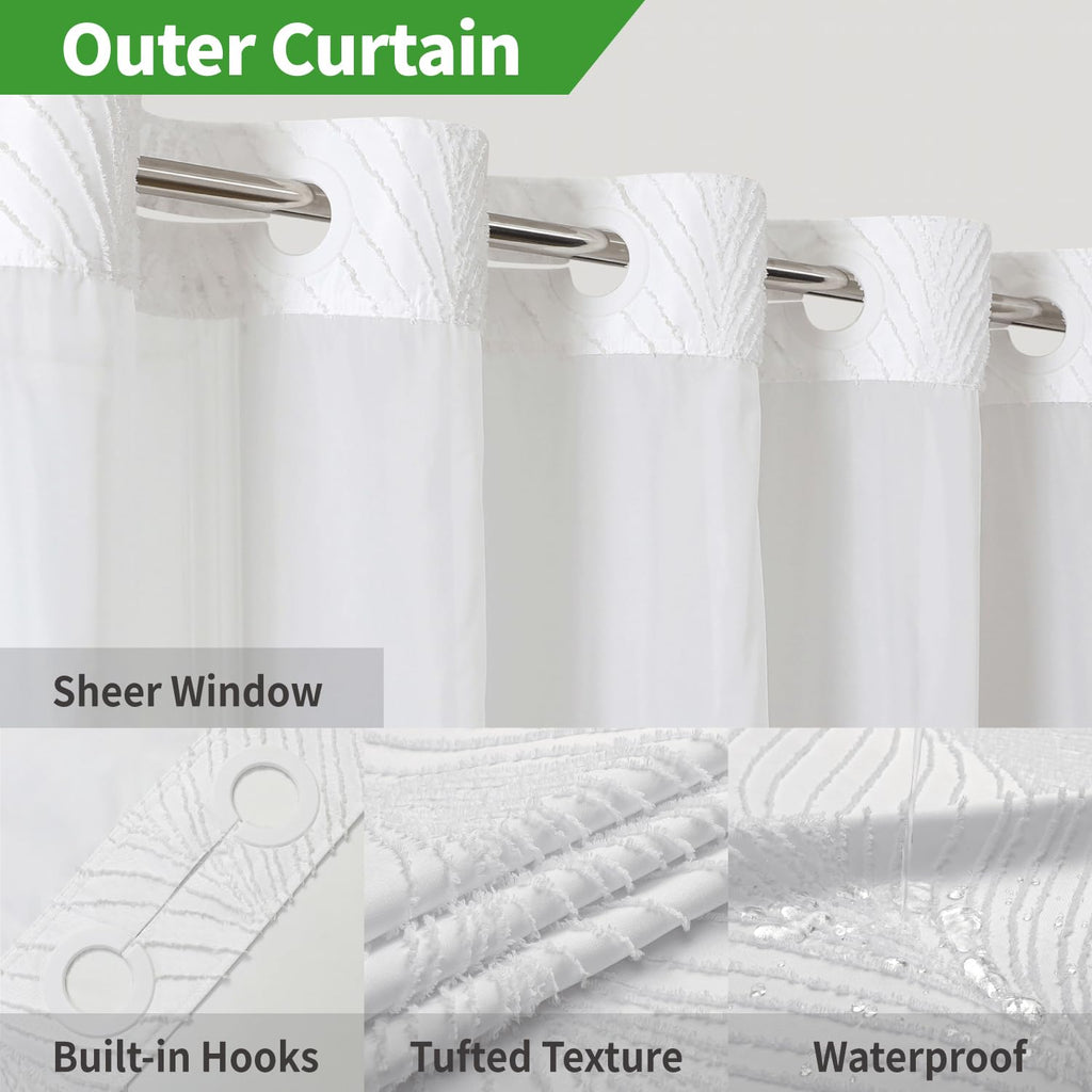 No Hook Shower Curtain and Liner Set, Boho Style with See Through Top Window, White Fabric Tufted Striped Textured