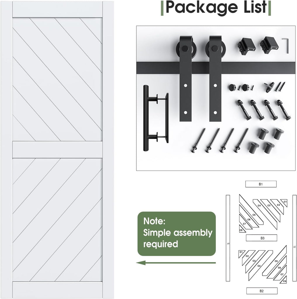 32in x 84in Sliding Barn Door with 5.5FT Barn Door Hardware kit & Handle Included, Solid MDF Wood Slab Covered with Water-Proof & Scratch-Resistant PVC Surface,Simple DIY Assembly,Chevron Pattern