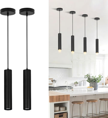 Modern Black Pendant Lights 2 Pack, LED Minimalist Pendant Lighting Fixture for Kitchen Island, Long Tube Hanging