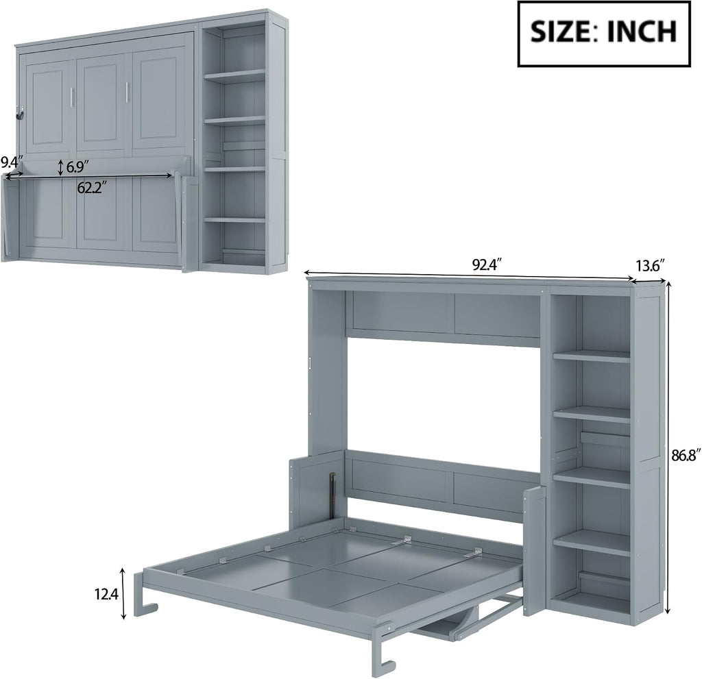 Queen Murphy Bed with Desk and Storage Shelves,Wood Hideaway Murphy Wall Bed with Storage Bookcase for Adults (Grey)