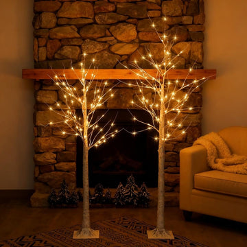 Set of 2 Lighted Birch Tree, Prelit White Christmas Tree Plug in, Light Up Artificial Trees with Dimmable & Timer, 8