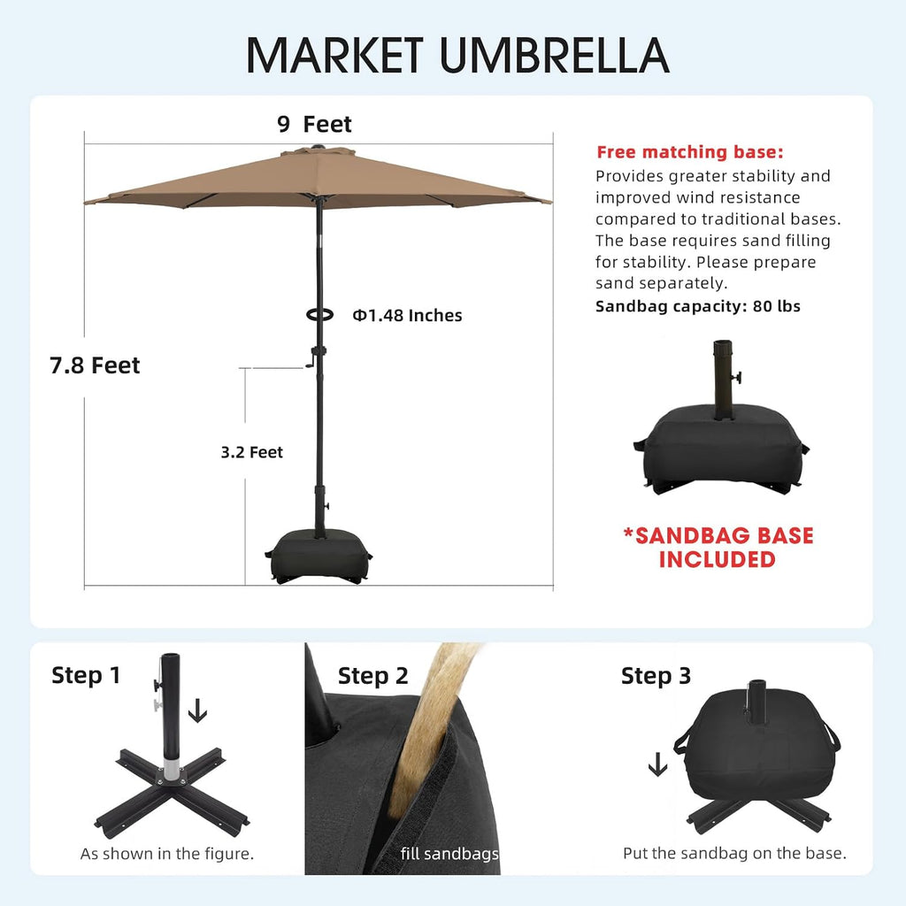 9FT Patio Umbrella with Base, Outdoor Umbrellas with Base Included, 8 Sturdy Ribs
