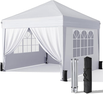 10x10 Pop Up Canopy with Sidewalls, Outdoor Instant Canopy Tent with Carry Bag Events, Camping, Backyard Parties - White
