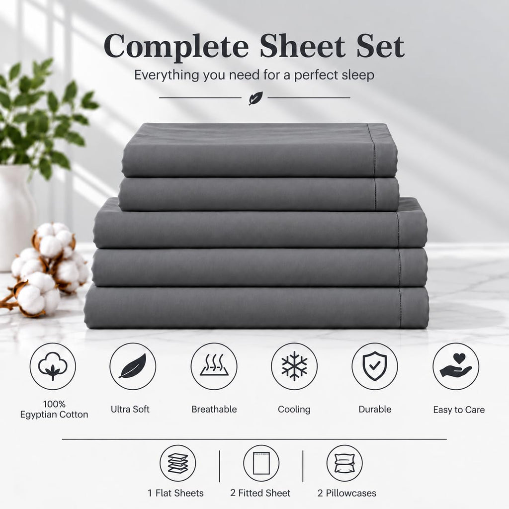 100% Egyptian Cotton Sheets Split King Size Sheet Set - Charcoal Grey