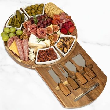 Acacia Cheese Board & Knife Set, Round Charcuterie Board with Ceramic Bowls, Hidden Slide-Out Drawer & Serving