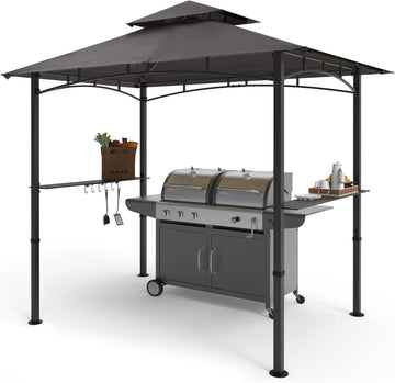 8'x 5' Grill Gazebo Double Tiered Outdoor BBQ Gazebo Canopy with LED Light (Gray)