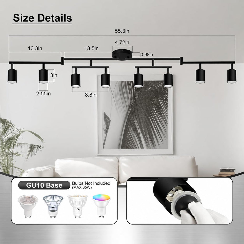 8 Light Track Lighting Fixtures Ceiling, Matte Black Kichen Track Lighting Fixtures, Rotatable Light Heads