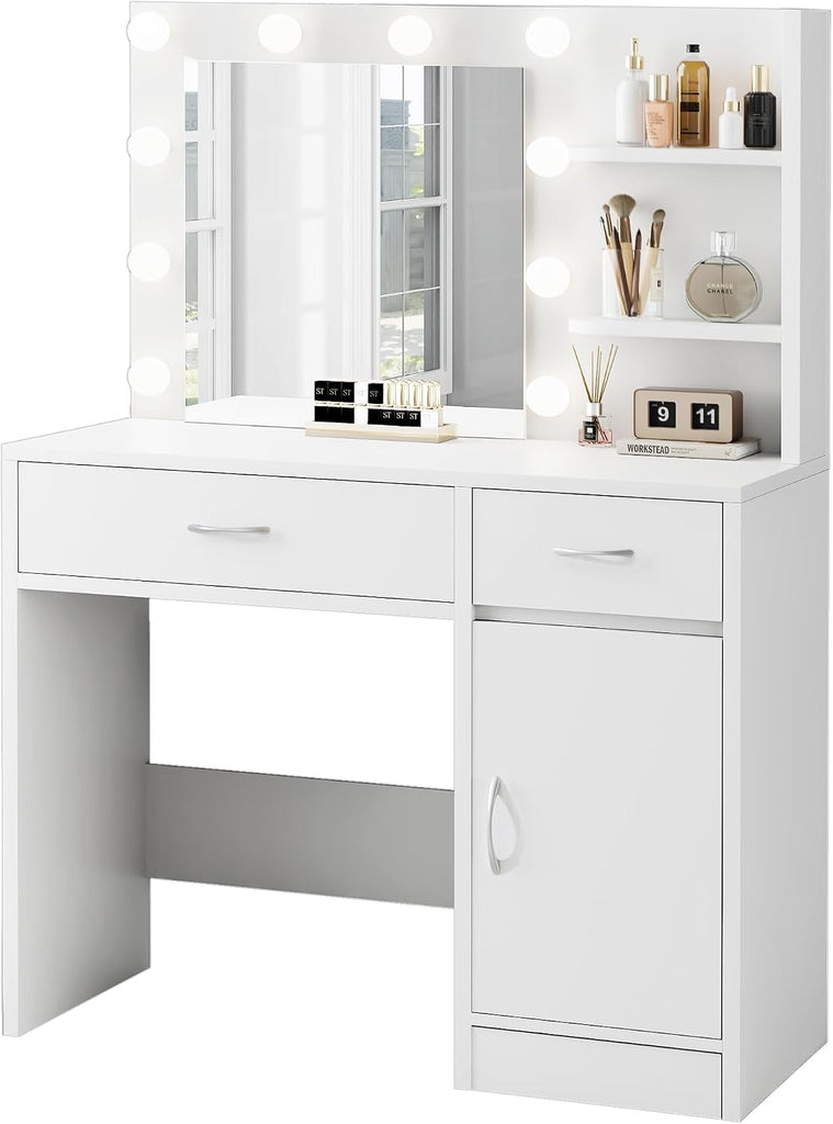 35.4" White Makeup Vanity Desk with 10 Hollywood Light Bulbs | Dimmable Lighting, Large Mirror, Storage Cabinet