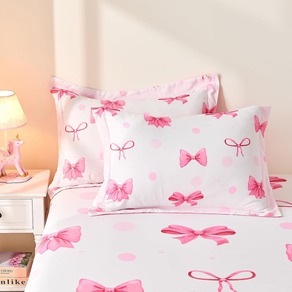 7 Piece Pink Bow Bedding Set for Girls Kids Comforter Set with Sheet and 2 Pillowcases 2 Pillow Shams Cute Girls