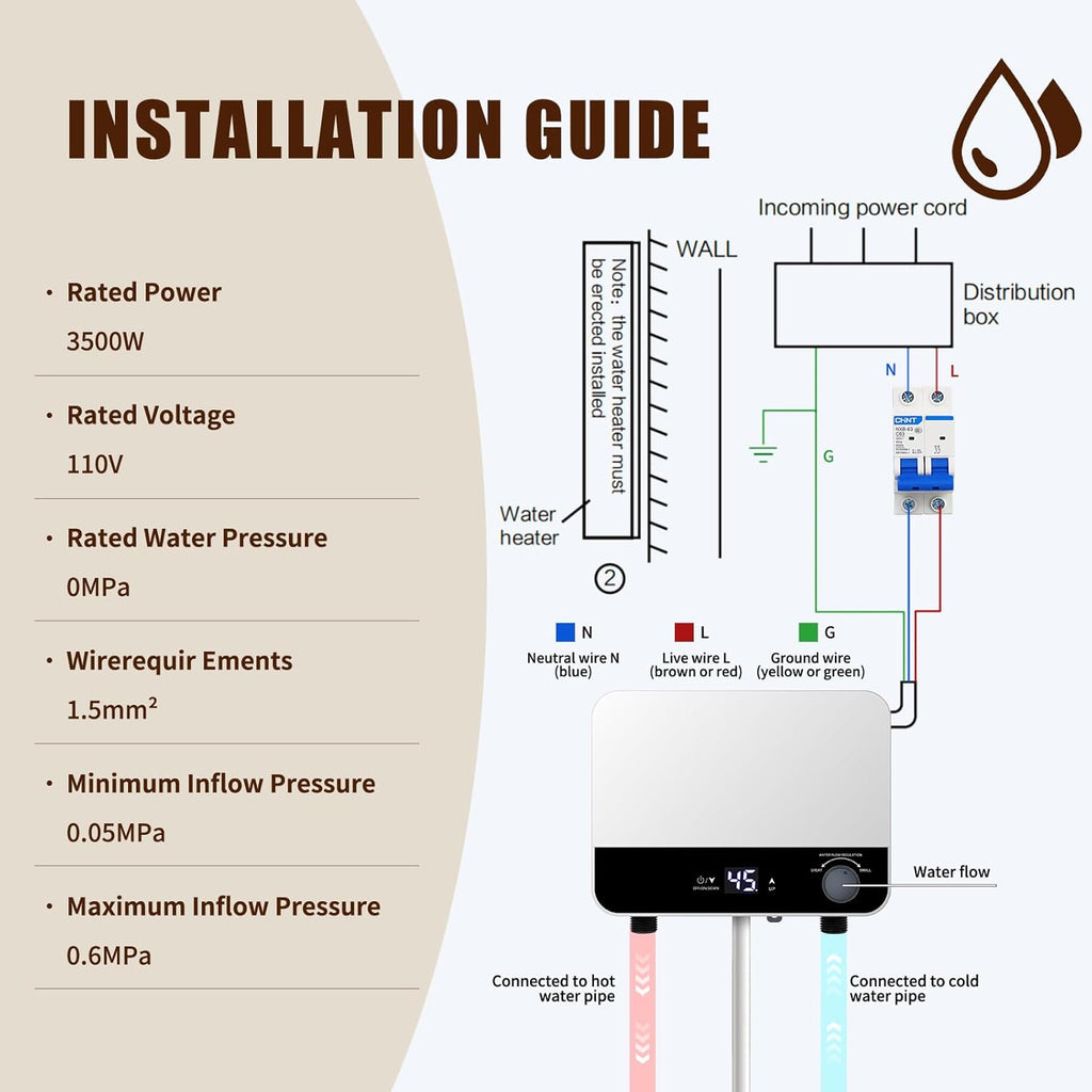 Tankless Water Heater Electric 110v, 3500W Instant Hot Water Heater With Automatic Control System Touch Digital
