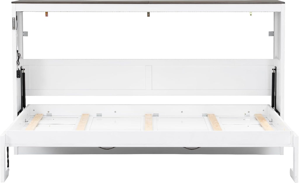 Twin Murphy Bed Cabinet, Space-Saving Foldable Wall Bed with LED Lights, Wooden Horizontal Murphy Bed Frame for