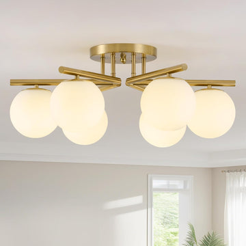 6 Lights Sputnik Ceiling Light Fixture,Semi Flush Mount Ceiling Light Sputnik with Milk Glass Globe, Brushed Brass