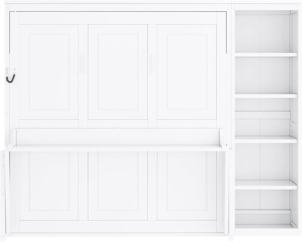 Queen Murphy Bed with Desk and Bookshelf, Space-Saving Design Foldable Wall Bed, Fold into The Wall, Pine Wood