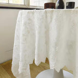 Beige Floral Embroidered Lace Tablecloth, Elegant Scalloped Edge Design, Vintage Farmhouse Style, Pi