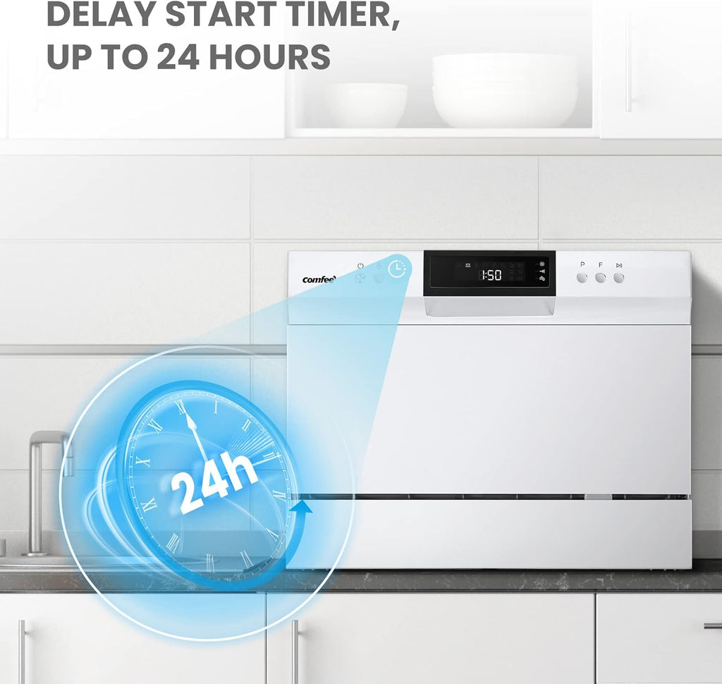 Portable Mini Dishwasher, Countertop, 6 Place Settings, with 8 Washing Programs, Speed, Baby-Care, ECO& Glass