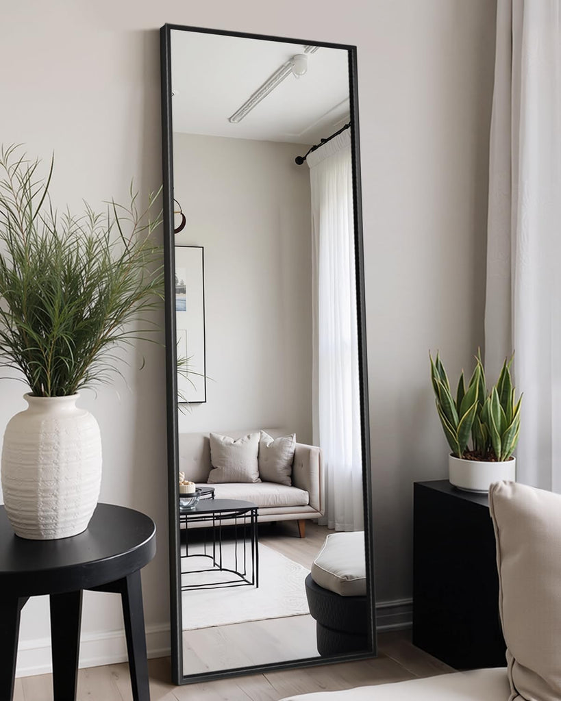 Full Length Floor Mirror 56"x15", Standing Mirror with Aluminum Frame, Large Body Mirror , Black