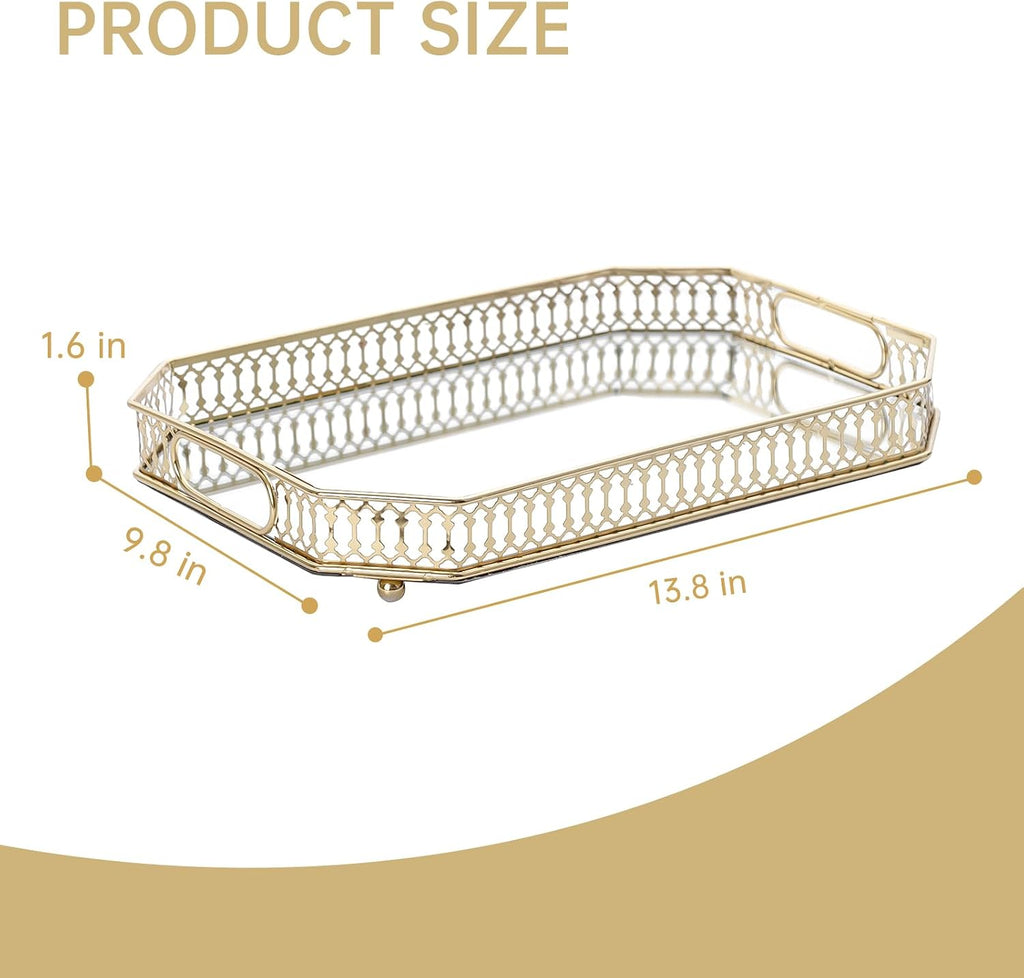Bar Cart Tray, Decorative Mirrored Tray with Handles, Large Capacity Organizer, Gold