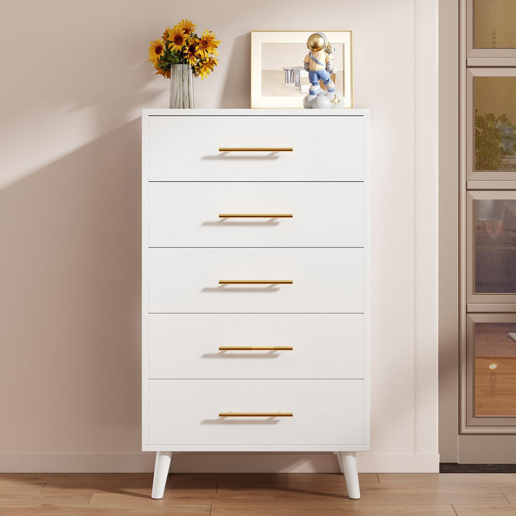5 Drawer Dresser, Tall Dresser, White | Wood Dresser with Metal Handles for Organized Storage s, Hallways or Entryways