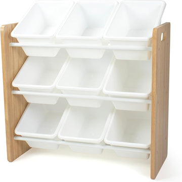 Kids Toy Organizer with 9 Bins, 3 Tier Storage | Sturdy wood and steel toddler shelf, removable BPA-free containers