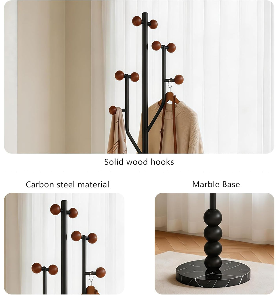 Freestanding Mid-Century Modern Tree Coat Rack | Freestanding metal rack with black marble base & wood spherical hooks