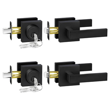Front Door Lock Set Exterior Door Handle, Matte Black Door Handles with Single Cylinder Deadbolt Lock, Heavy Duty