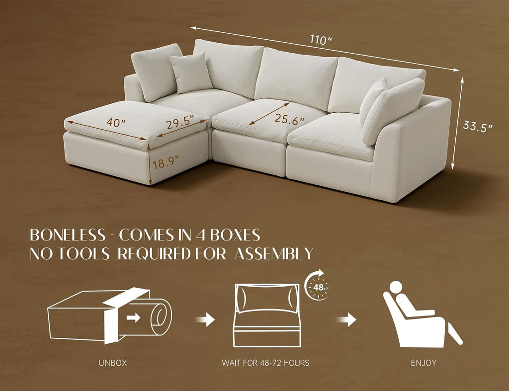 110" Cloud Sectional Couches , Convertible L-Shape Couch with Ottoman, 3 Seater Modular Sectional Sofa, Warm White