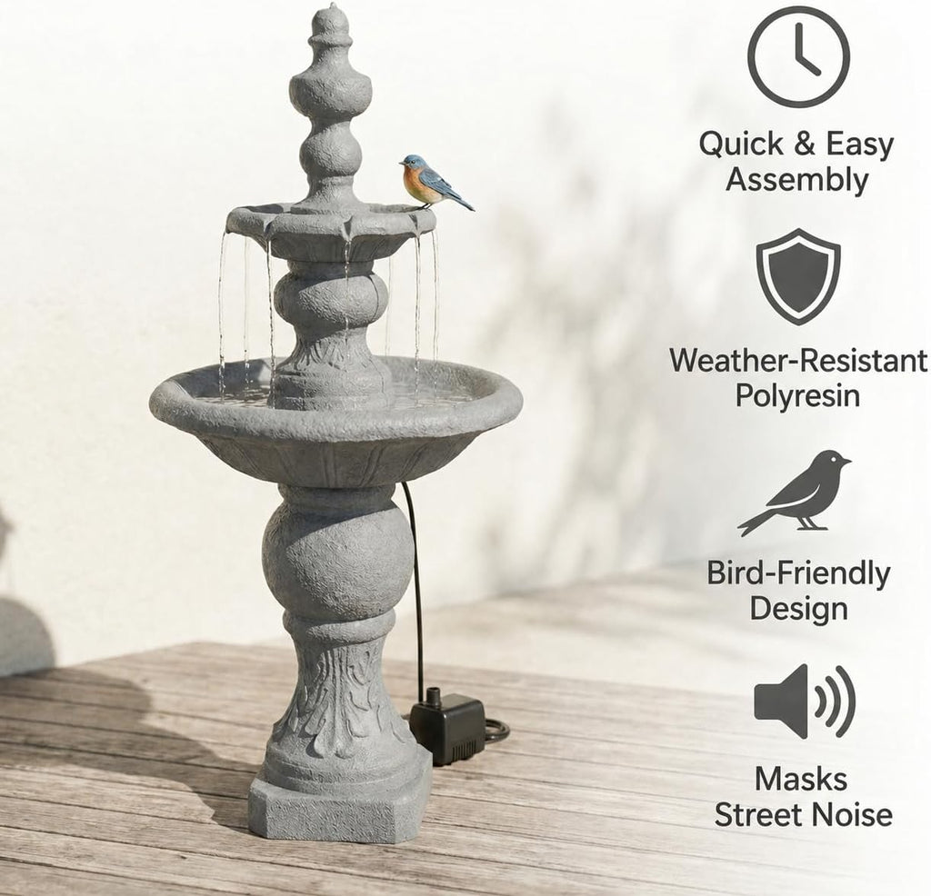 52.56 in. Outdoor Two-Tier Water Fountain with Realistic ICY Stone Texture Living Spaces Creating a Calming Oasis