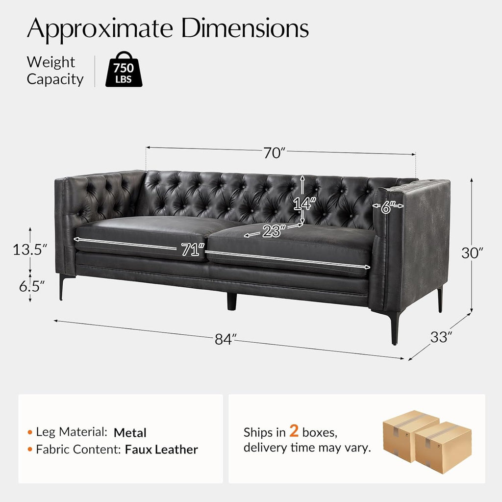 HOME 84" W Faux Leather Sofa Couch with Metal Legs, Button-Tufted 3-Seater Sofa