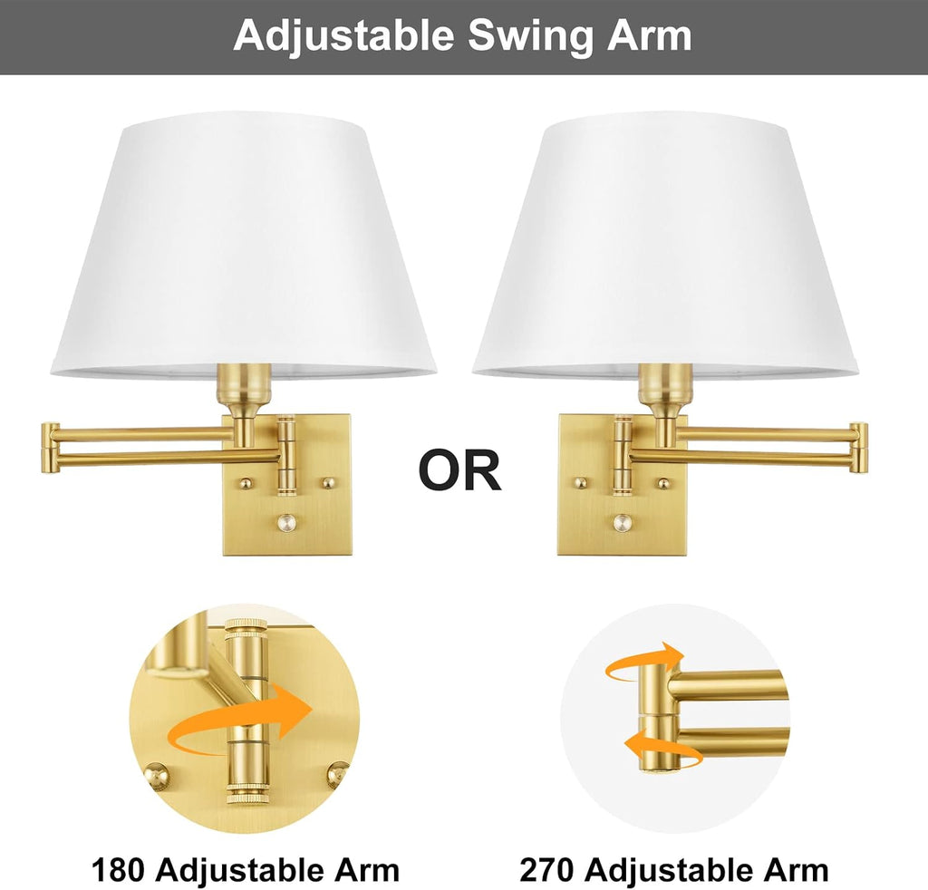 Dimmable Wall Sconce Plug in, Brushed Brass Wall Sconces Set of 2 Swing Arm Wall Lights with Plug in Cord and Dimmer