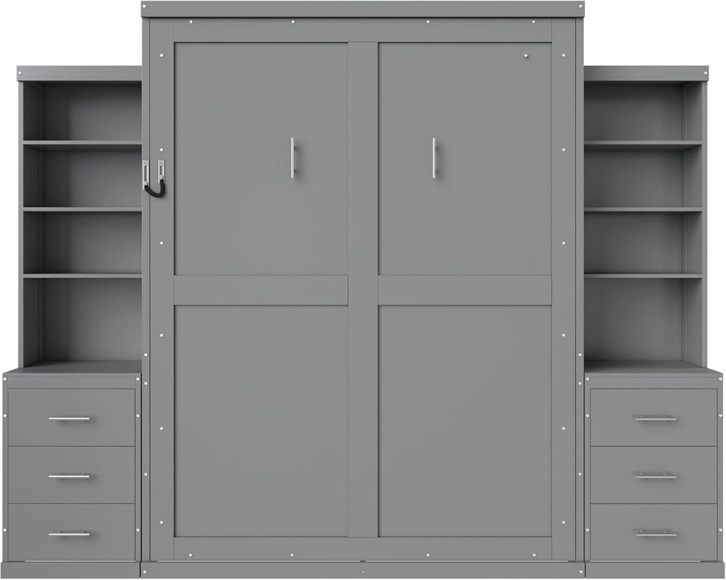 Murphy Bed Queen,Murphy Bed with Storage Shelves and Drawers,Wall Bedframe w/Wood Slatk,can be Folded,No Box Spring