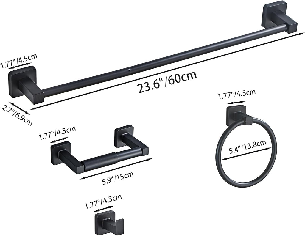 Matte Black Bathroom Hardware Set 4 Pieces,Bathroom Accessories Set Stainless Steel Wall Mounted, Hand Towel Bar