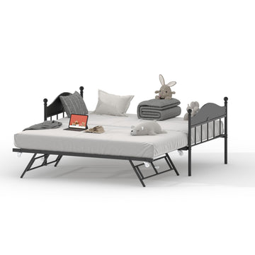 Daybed with Trundle, Twin Bed Frame with Sturdy Metal Foldable Trundle Bed, Trundle Bed Twin with Stylish Headboard