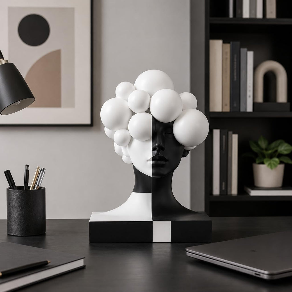 Checkered Modern Abstract Bust Statue Decor, Black and White Art Face Sculpture,Large Resin Woman Head Figurine