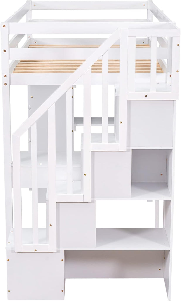 Loft Bed Twin with Desk and Storage Stairs, Space-Saving Wood Bed Frame with Drawers and Shelves