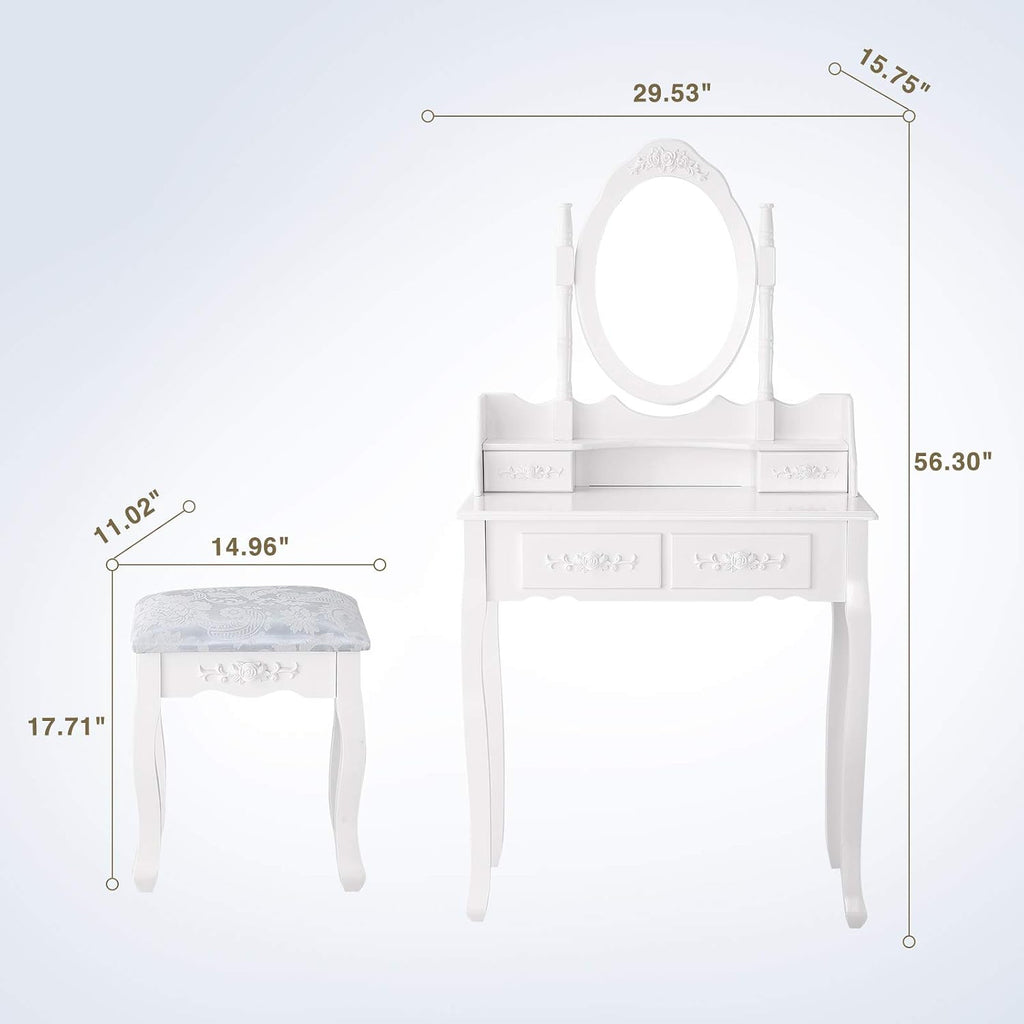 Vanity Table Set with 4 Drawer,Makeup Dressing Table w/Cushioned Stool,Girls Women Bedroom Furniture Set Oval Mirror