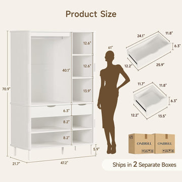 Armoire Wardrobe Closet with Sliding Doors and 2 Drawers, 71" Mid-Century Modern Bedroom Armoires with Hanging Rod