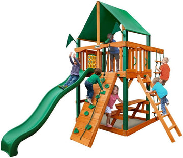 01-0061-AP-1 Chateau Tower Wooden Playset with Amber Posts, Slide, Climbing Wall, & Deluxe Green Vinyl Canopy