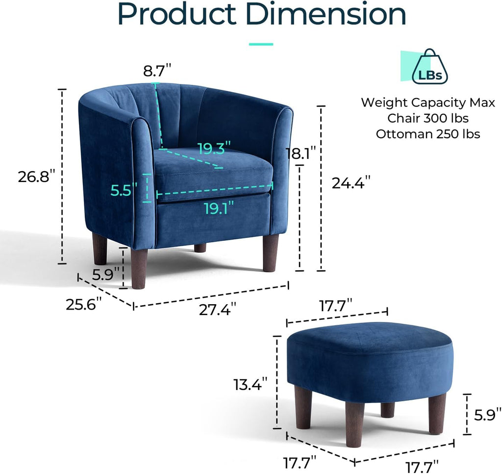 Accent Chair with Ottoman, Modern Barrel Chair Small Armchair Reading Chair with Footrest, Comfy Round Arms Chair