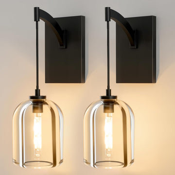 Crystal Brass Hemisphere Wall Sconce - Set of 2 Black Brushed Dimmable Sconces with Bulbs - Modern Hanging Light