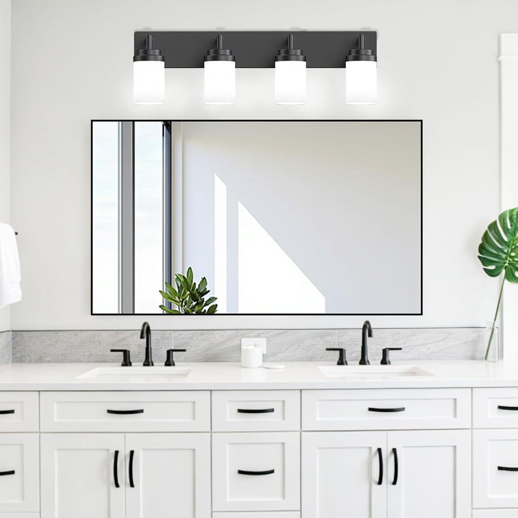 Bathroom Light Fixtures, Matte Black Bathroom Lighting Fixtures Over Mirror, Modern Vanity Light with White Glass
