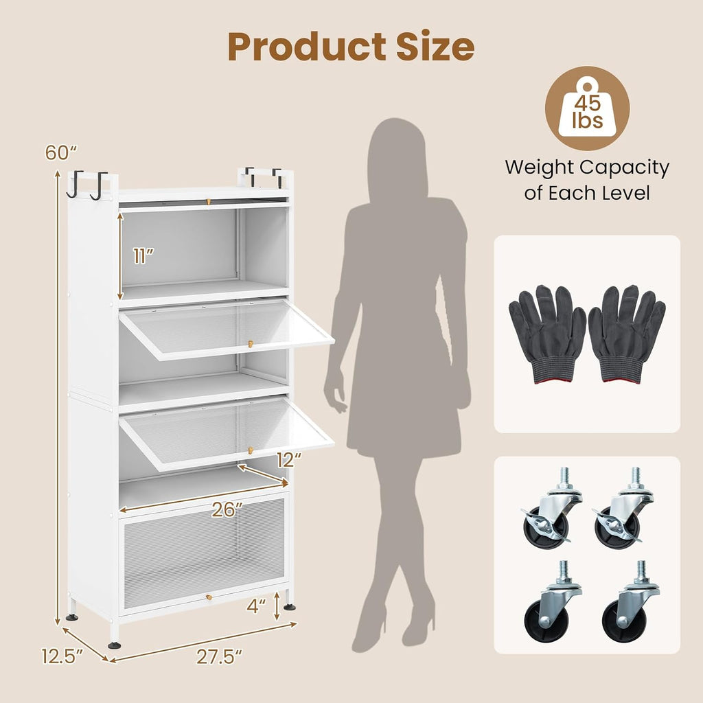 5-Tier Kitchen Storage Cabinet, 4 PC Doors, Rolling Wheels (White) | Mobile Metal Pantry Cabinet with 4 Hooks &