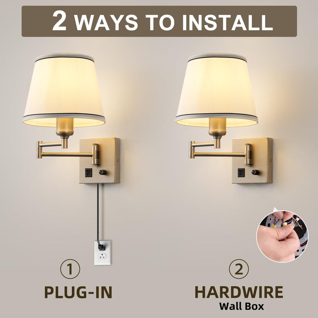 Plug-in Swing Arm Wall Sconce, Dimmable, Type-C & USB