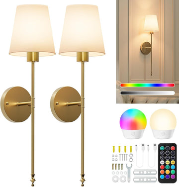 Battery Operated Wall Sconces Set of Two, RGBWW Wireless Rechargeable Wall Lights with Dimmable Magnetic Bulbs and Remote, Gold Wall Lamp for Living Room Bedroom Hallway Decor