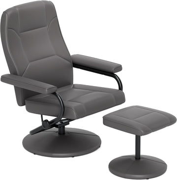 Modern Reclining Swivel Lounge Chair and Ottoman — Black Faux Leather