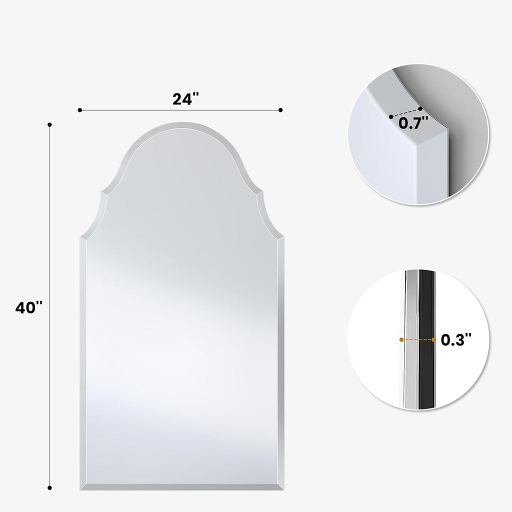 24 x 40 Inch Large Scalloped Arch Mirror, Frameless Beveled Vanity Mirror for Bathroom, Over Sink, Mantel