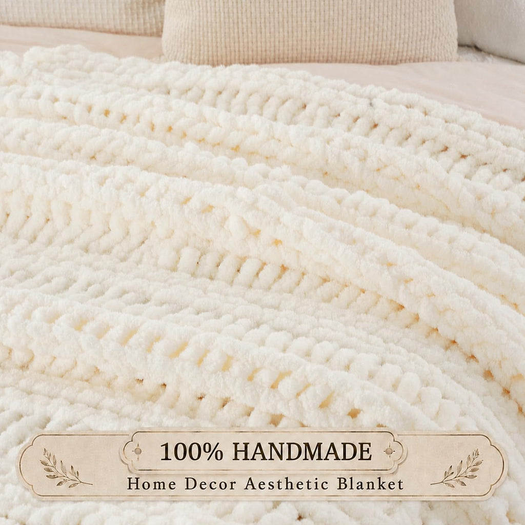 Chunky Knit Throw Blanket, Hand Made Chenille Throw Blanket, Super Soft Warm Cozy Cream White Blanket, 50"x60"