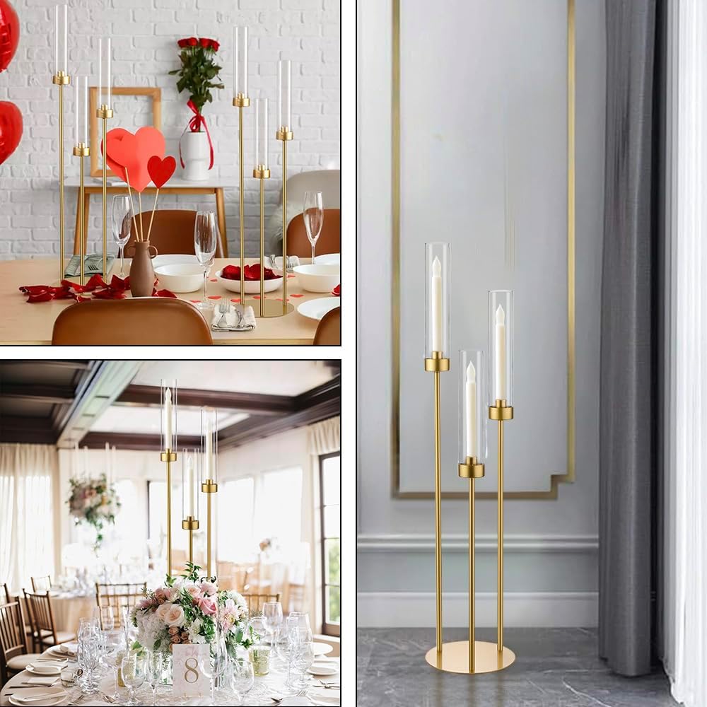 16PCS Gold Candle Holders, 3 Arm Candelabra Centerpiece with Acrylic Lampshade, Tall Metal Candlestick Holder Stand