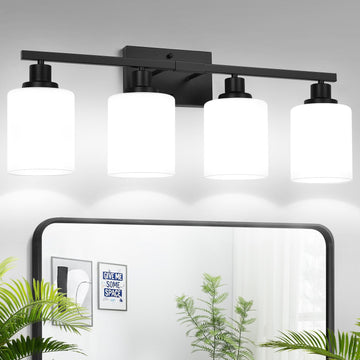 4-Light Bathroom Light Fixtures, Vanity Light with Milky White Shades, Matte Black Bathroom Light Fixtures Over