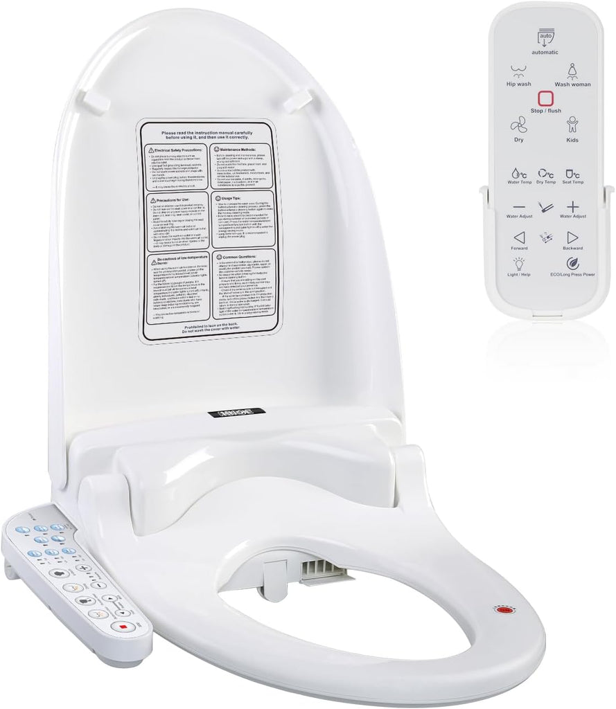 Elongated Electric Bidet Toilet Seat with Heated Seat, Adjustable Warm Water, Warm Air Dryer, Self-Cleaning Nozzle, Dual Control (Remote and Side Panel)